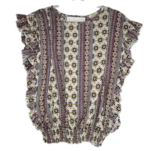 Easel Boho‎ Ruffle Sleeve Smocked Hem Geometric Tribal Print Blouse Small thumbnail 1