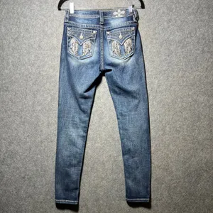 Miss Me Mid Rise Skinny Jeans Angel Wing Embellished Blue 26 x 30 Flap Pockets thumbnail 6