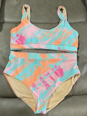 Women High-Waist Two-Piece Swim Set in Aqua, Peach & Pink thumbnail 1