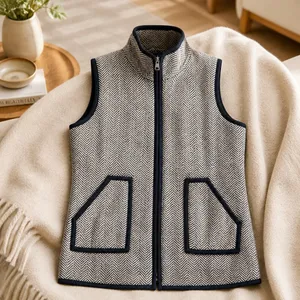 Zeagoo Herringbone Quilted Vest Brown Cream Equestrian Full Zip Pockets Small thumbnail 2