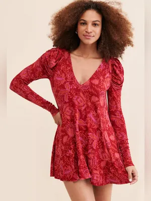 Free People Hello Lover Floral Ruched Puff Shoulder Tunic Mini Dress Red Small‎ thumbnail 1