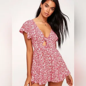 Lulus Dondi Print Tie-Front Short Sleeve Romper in Red and‎ White Size Small thumbnail 13