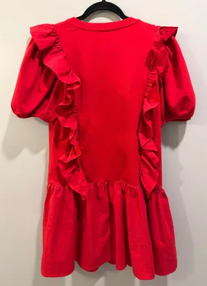 English Factory Mixed Media Ruffle Detail Puff Sleeve Mini Dress Red thumbnail 4