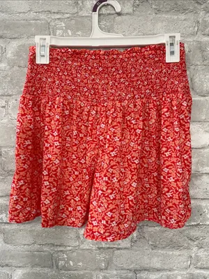 aerie Red Floral High-Waist Smocked Shorts thumbnail 2