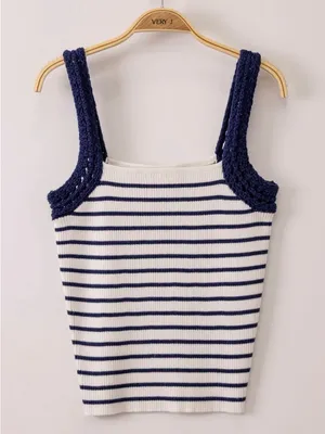 Aerie Knit Crochet Tank Top Size XXL Stripe Navy White Summer Beach Boho thumbnail 2