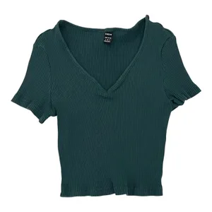 Shein Womens S Ribbed Crop Top Short Sleeve Green V-Neck Stretch thumbnail 1