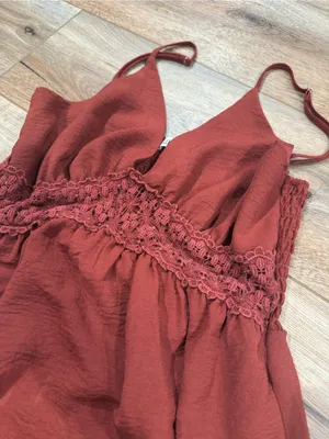 LIBERTY LOVE Rust Boho Western Ruffle Crochet Babydoll Mini Dress | Size Medium thumbnail 2