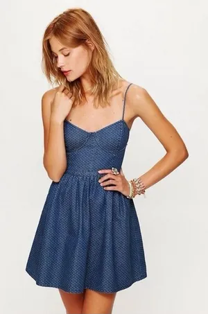 Free People denim bustier mini dress polka dot sun dress preppy summer Small thumbnail 1