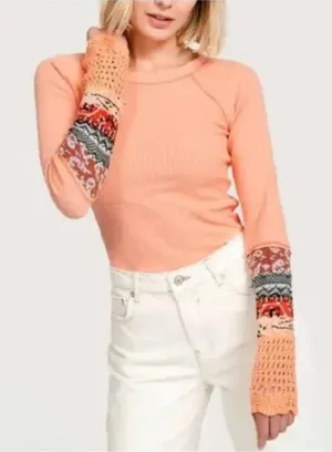 FREE PEOPLE The Mix Cuff Thermal Orange Coral Waffle Knit Crochet Top Womens XS thumbnail 1