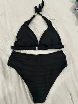 SHEIN Black Textured Halter Bikini Set thumbnail 2