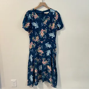 LOFT Floral Chiffon Drop Waist Puff Sleeve‎ Flutter Midi Dress Size 4 thumbnail 2
