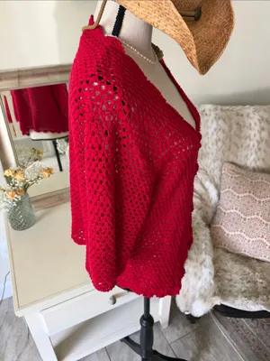 Norm Thompson red linen cotton, crochet knit, 3/4 sleeve sweater cardigan XL thumbnail 8