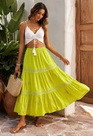 Kommotion NY Lime Green Boho Mx Skirt 100% Cotton Embroidered Sequin Tiered Sz S thumbnail 1