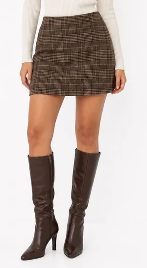 Cider Brown Plaid Wool Blend Mini Skirt L Glen Check A-Line thumbnail 1