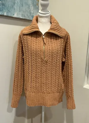 aerie Camel Cable-Knit Half-Zip Turtleneck Sweater thumbnail 1