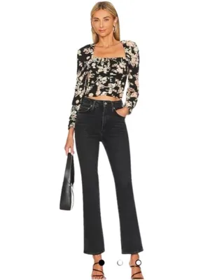 Free People Black Boho Floral Print Long Sleeve W/ Smock Detail Viscose Top NWT thumbnail 6