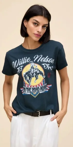 NWT daydreamer Willie Nelson On the Road Again 1980 Cowboy Tour Tee - Black S thumbnail 1