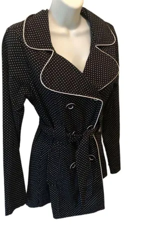 Maurices Black White Polka Dot Stretch Belted Trench Coat Double Breasted Sz. M thumbnail 2