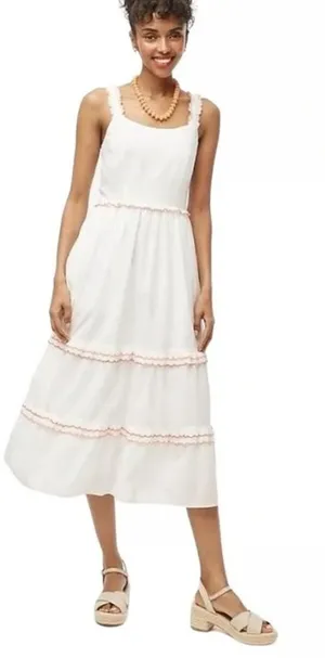 J.Crew White Cotton Scalloped-Trim‎ Tiered Midi Dress Size 0 Pockets Resortwear thumbnail 1