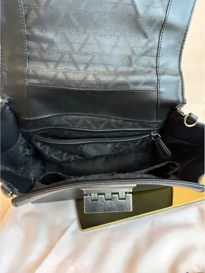 ZAC Zac Posen Black and Dark Brown Leather Structured Top Handle Bag with Detach thumbnail 7