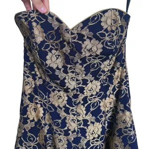VTG 90s Strapless Sweetheart Floral Mini Dress Gold Foil Navy Size 6 Homecoming thumbnail 4