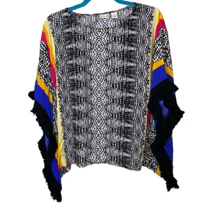 Westbound Abstract Animal Print Kimono‎ Poncho Fringe Sleeve Large thumbnail 2