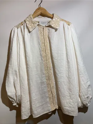 Mare Mare Ivory Embroidered Puff Sleeve Rouleau Cotton Buttondown Blouse Size S thumbnail 2