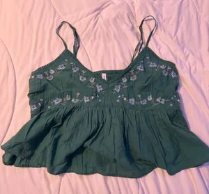 American Eagle Green floral tank top with purple floral embroidery thumbnail 1
