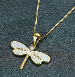White Opal Dragonfly Gold Pendant Necklace Cyrstal - Beautiful Nature, Elegant thumbnail 2