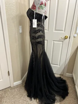 NWT Jovani Strapless Black Sequin Lace Tulle Mermaid Evening Dress Size 2 thumbnail 9