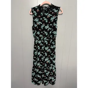 J. Crew Black Botanical Bees Print Smocked Waist Ruffle High Neck Midi Dress M thumbnail 2