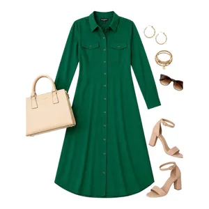 Lucky Brand Jewel Green Satin Shirt Dress XL Utility Long Sleeve Midi Pockets thumbnail 2