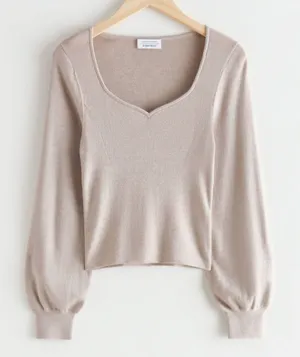 & Other Stories Sweater Womens L Beige Wool Cotton Sweetheart Puff Sleeve Knit thumbnail 1