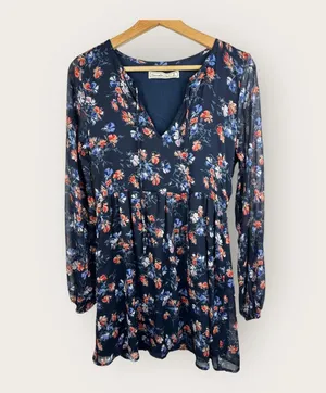Abercrombie & Fitch Womens size Small Floral Boho Sheer Sleeve Dress Blue thumbnail 1