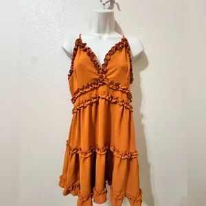 IRIS Rust Orange Ruffle Mini Dress Size M – Boho Flowy Summer thumbnail 4
