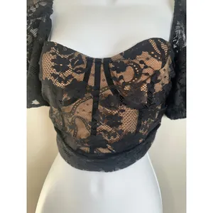 For Love & Lemons Rosalie Crop Top Black Floral Lace Puff Sleeve Bustier M NWOT thumbnail 5