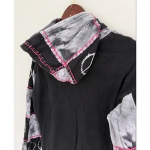 Nepal 100% Cotton Patchwork Tie Dye Peace Sign Zip Up Hoodie Black Pink Sz L/XL thumbnail 3