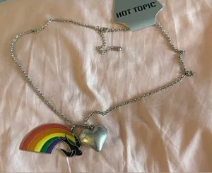 Hot Topic Silver Necklace with Rainbow, Magpie, and Heart Charms NWT thumbnail 1