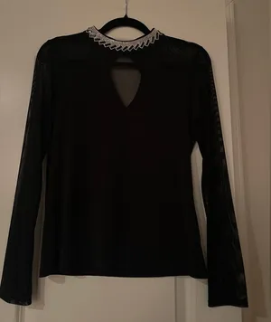 Moa Moa Rhinestone Collar Top with Sheer Mesh Panels - Size S thumbnail 1