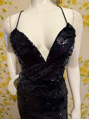 Sequined mini dress black size M Black Sequin V-Neck Lace-Up Short Party Dress thumbnail 4