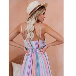 Pink multicolor striped spaghetti strap mini dress thumbnail 2
