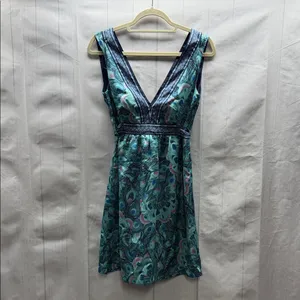 H&M Blue and Purple Peacock Print Deep V Belted Sleeveless Mini Dress thumbnail 2