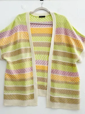 NEW Very J Open Front Cardigan Sweater SMALL Short Sleeve Striped Pastel Beige thumbnail 6