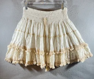 1055 | Boho‎ Madrid Tiered Lace Metallic Embroidered Gauze Mini Skirt Cream OS thumbnail 1