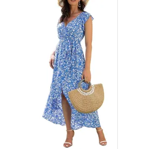 Grecerelle Blue & White Floral Print V-Neck Short Sleeve High Low Maxi Dress thumbnail 3