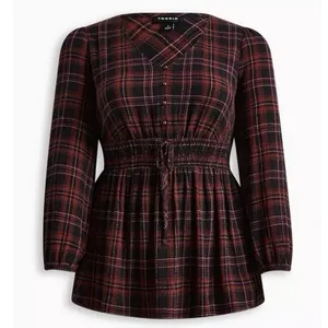 Torrid Plaid Babydoll Flannel Crinkle Gauze‎ Smocked Tie Waist Top Size 1X thumbnail 5