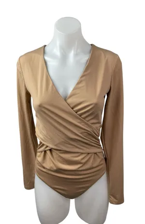 Abercrombie & Fitch Women's Brown V Neck Long Sleeve Drape Wrap Bodysuit Top S thumbnail 1