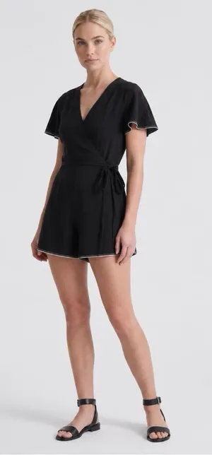 Diane Von Furstenberg Black Wrap Mini Romper with White Piping thumbnail 1