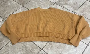 Free People Mustard Yellow Ribbed Cropped Boxy Knit Sweater Womens Small thumbnail 1