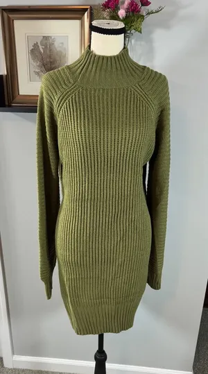 Olive Green Mock Neck Ribbed Knit Sweater Dress Long Sleeve Raglan L thumbnail 1